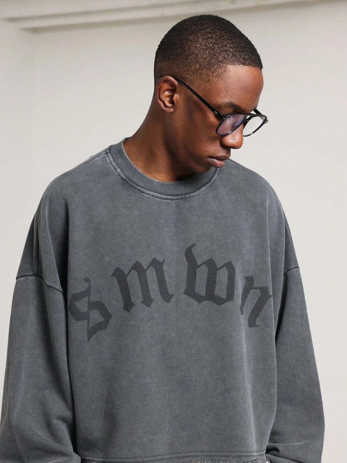 Crop Fit Washed Raw Edge Sweatshirt With Graphic Print