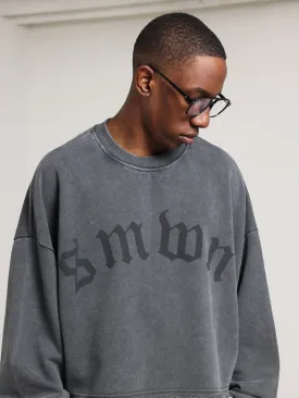 Crop Fit Washed Raw Edge Sweatshirt With Graphic Print