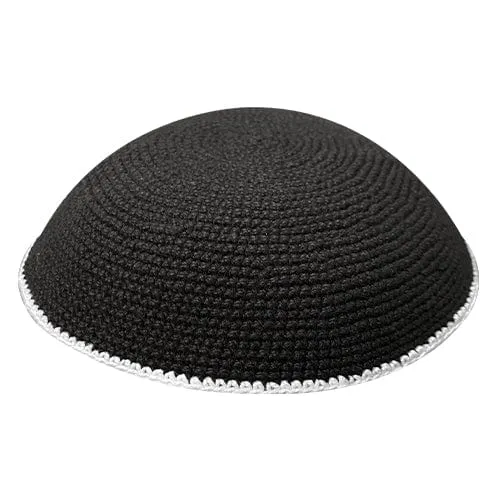 Knitted Dmc Kippah 20 Cm, Black With White Line
