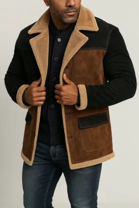Mens Casual Jacket  Faux Suede  Shearling Lined  Button Front  Notched Lapel