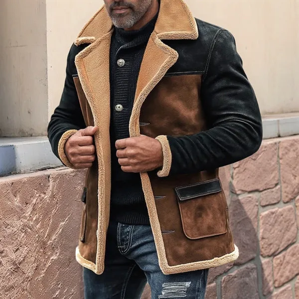 Mens Casual Jacket  Faux Suede  Shearling Lined  Button Front  Notched Lapel