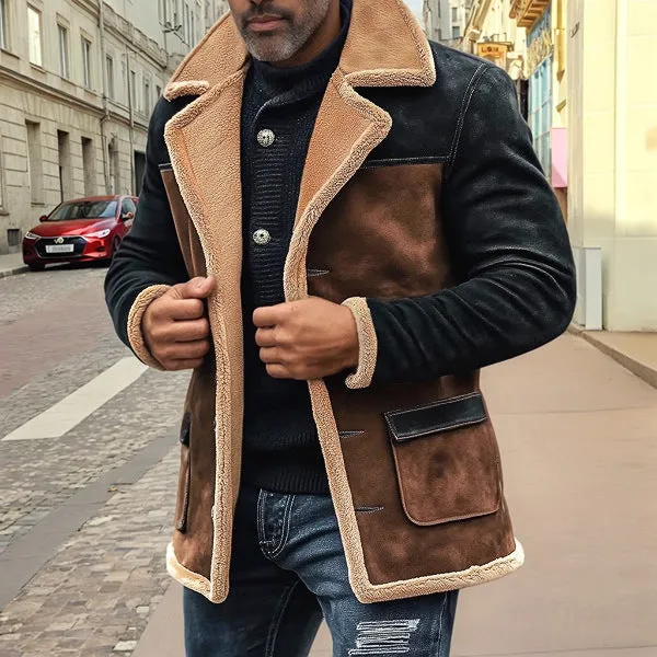 Mens Casual Jacket  Faux Suede  Shearling Lined  Button Front  Notched Lapel