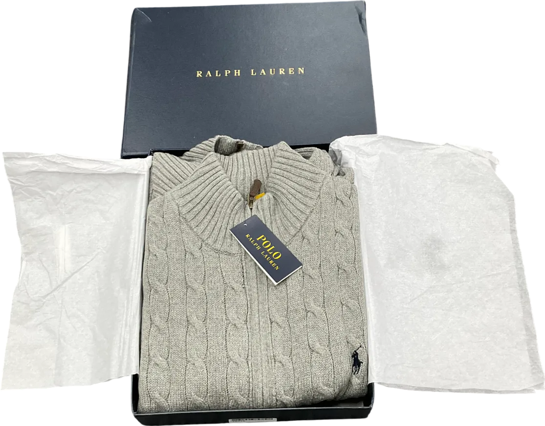 Polo Ralph Lauren Grey Cable-knit Cotton Quarter-zip Jumper In Original Gift Box UK XL