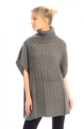Turtleneck Cable Knit Button Sweater Front Pockets Wrap Poncho