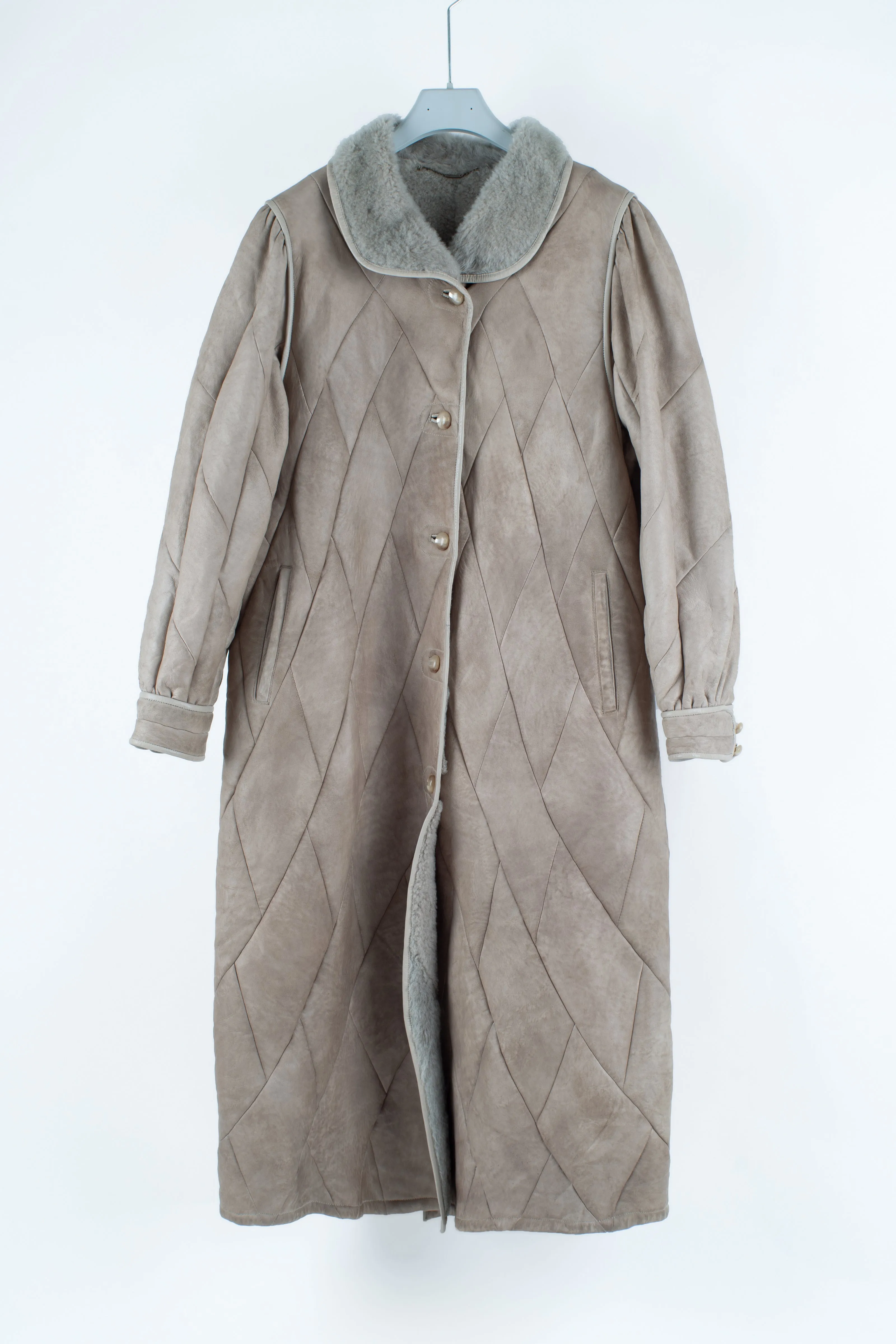 Women's Long Gray Elegant Shearling Coat with Puff Shoulders, Size L